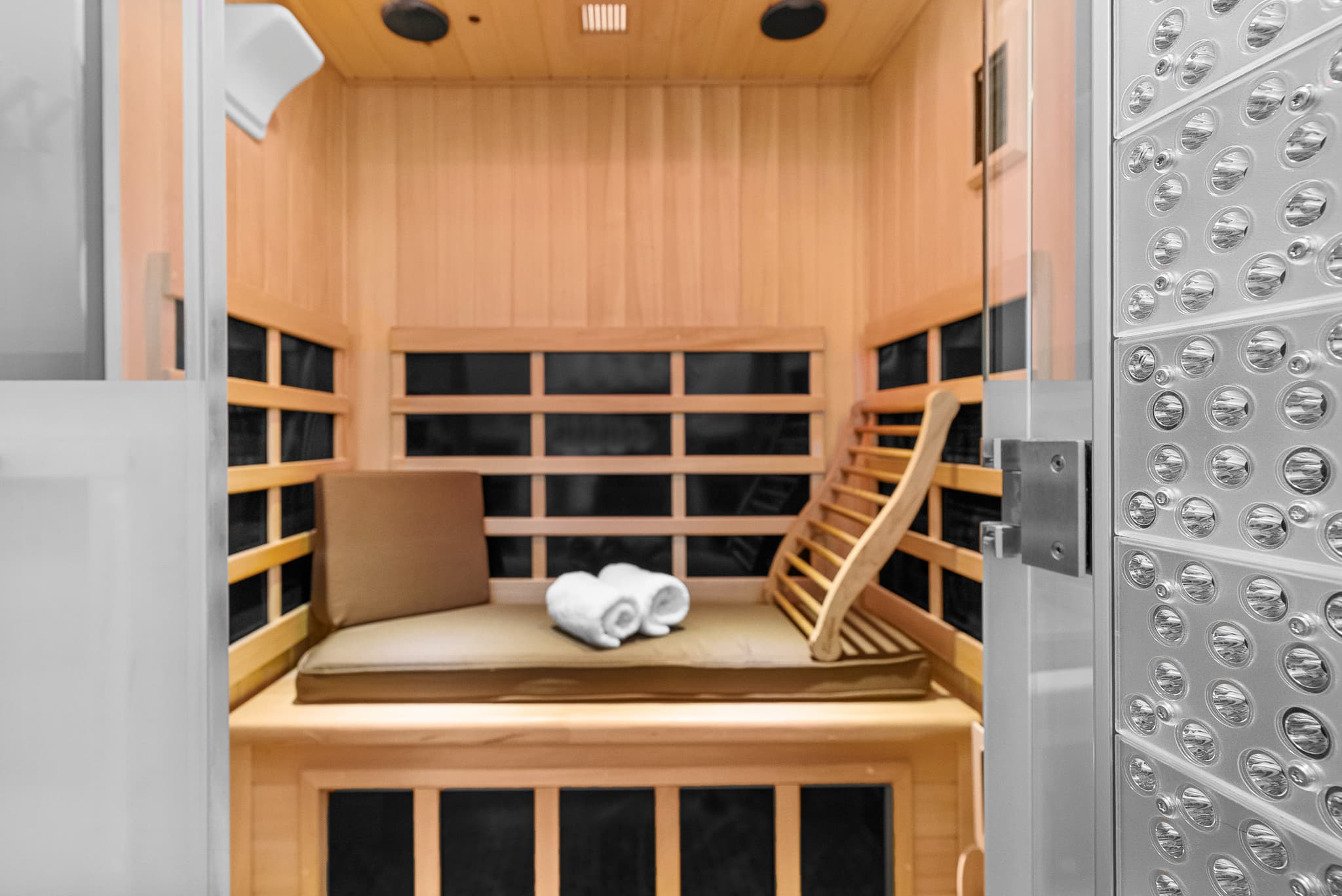 Inside the HaloSauna salt and infrared therapy chamber